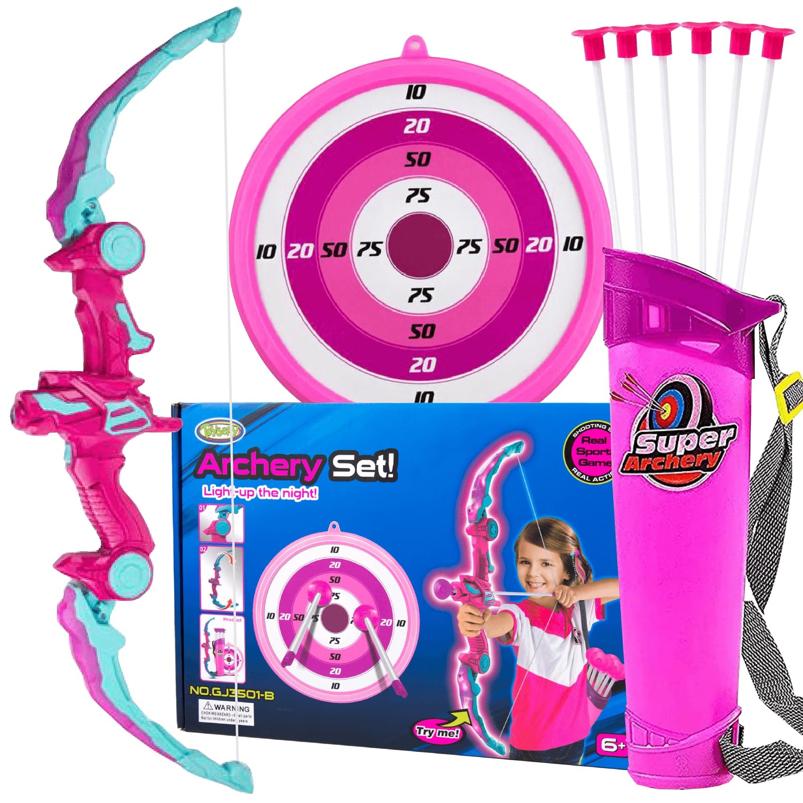 Toysery Kids Bow and Arrow Set with LED Flashlight, Toy Archery Medium, Pink