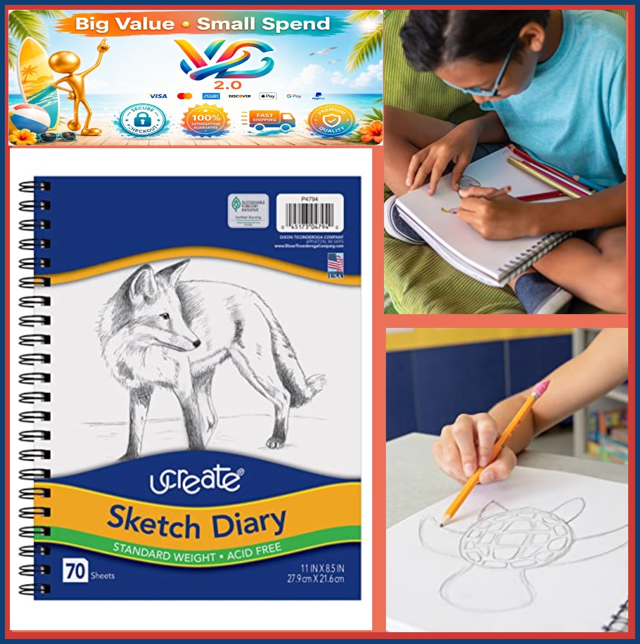 Sketch Diary Spiral Bound 11" x 8.5" 70 Sheets White Sulphite Paper