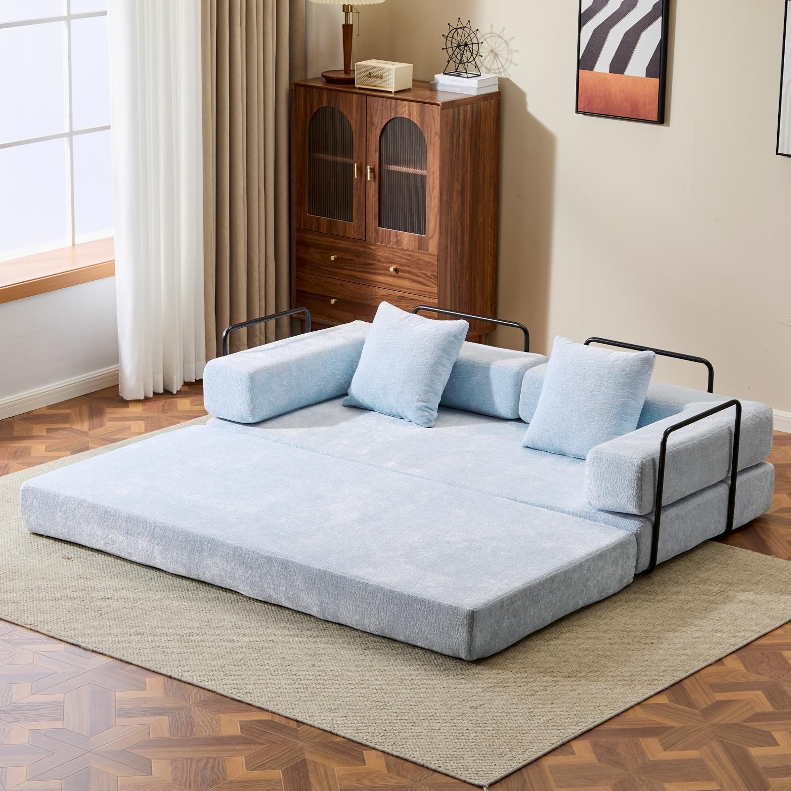 Convertible Floor Light Blue Chenille Sofa Bed W/ Pillow Armrest
