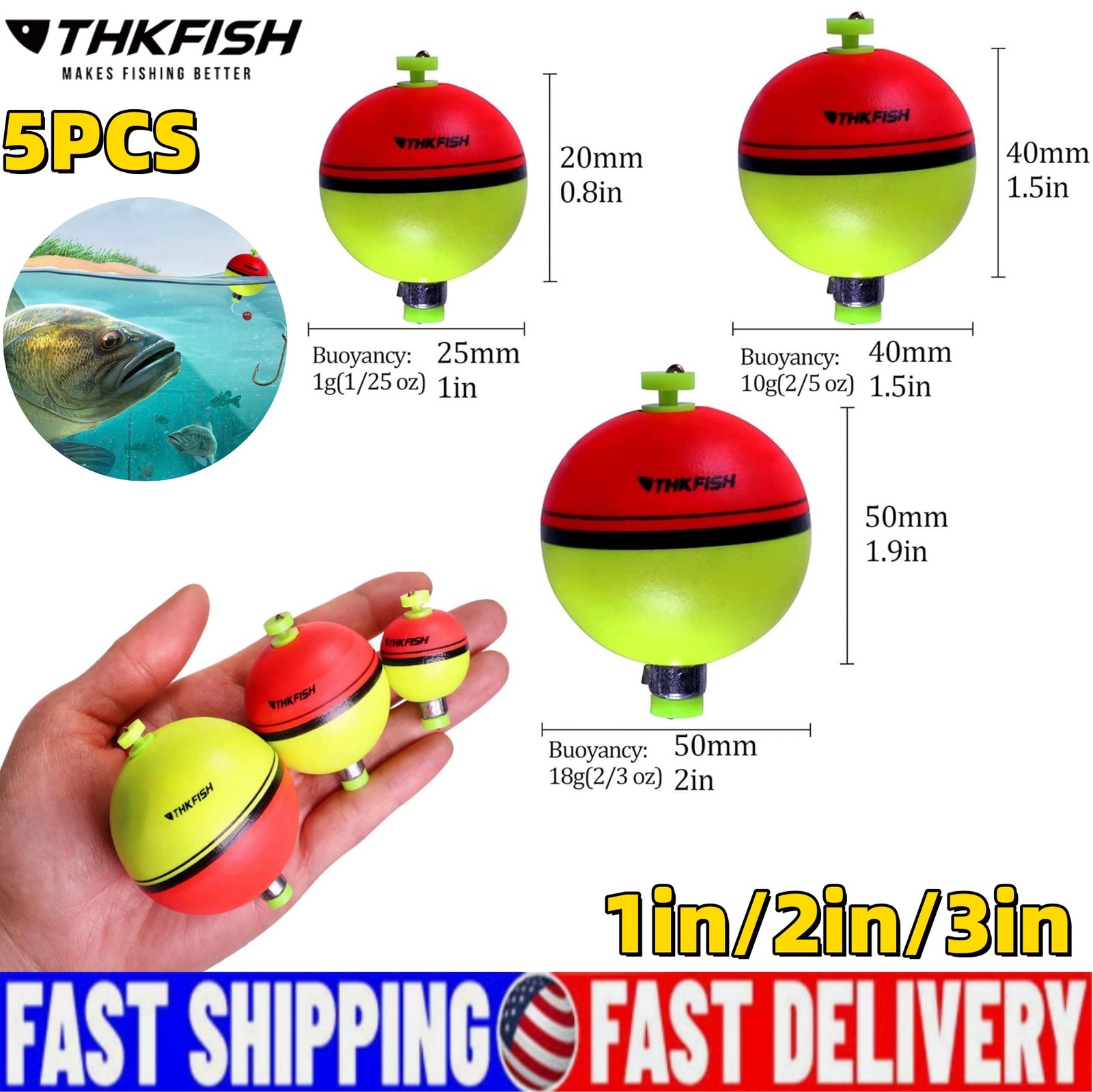 5PCS Fishing Float EVA Fishing Bobber Red/Green Bobbers Push Button Round Floats