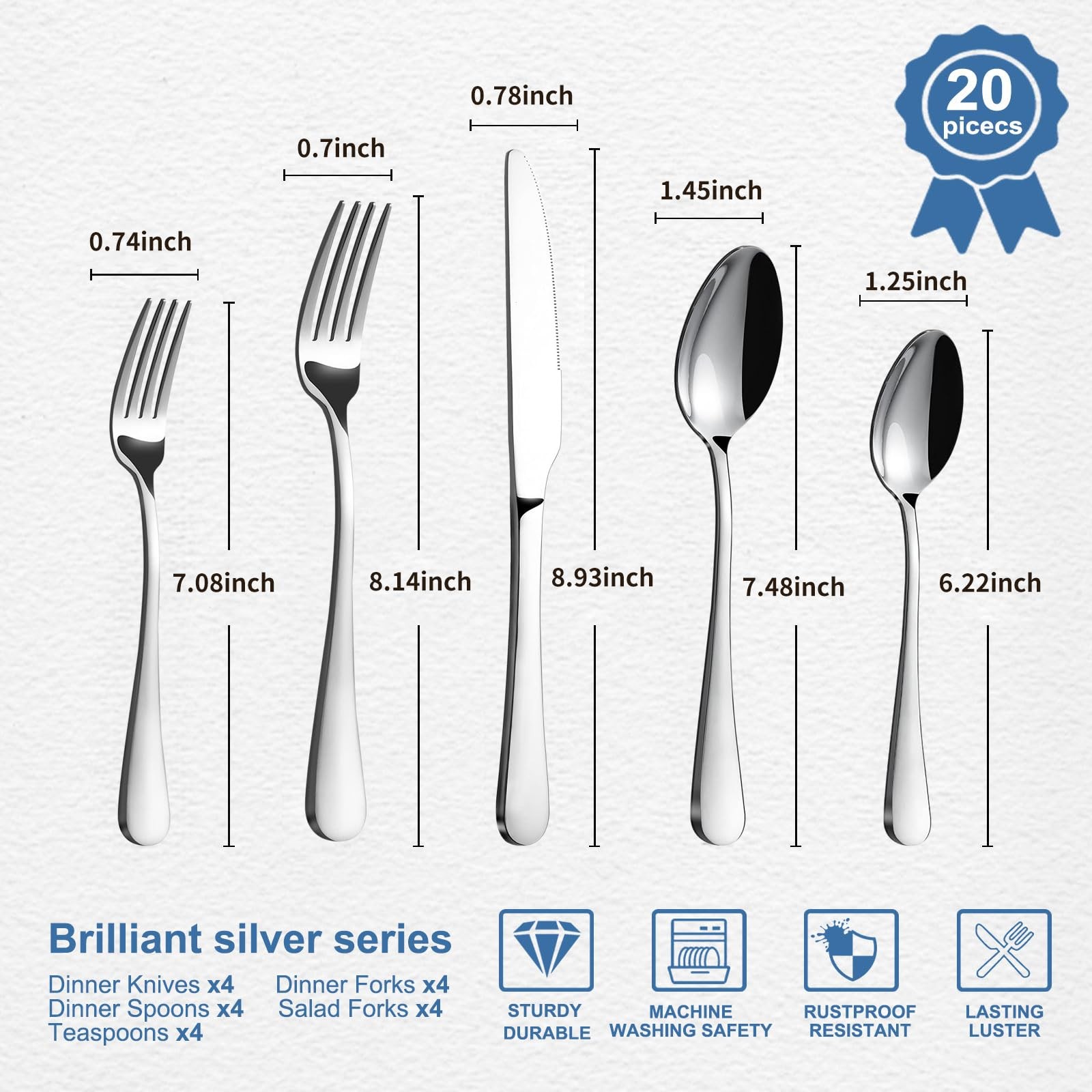 Silverware Set for 4-20 Piece Stainless Steel Flatware Set with Spoons, Forks...