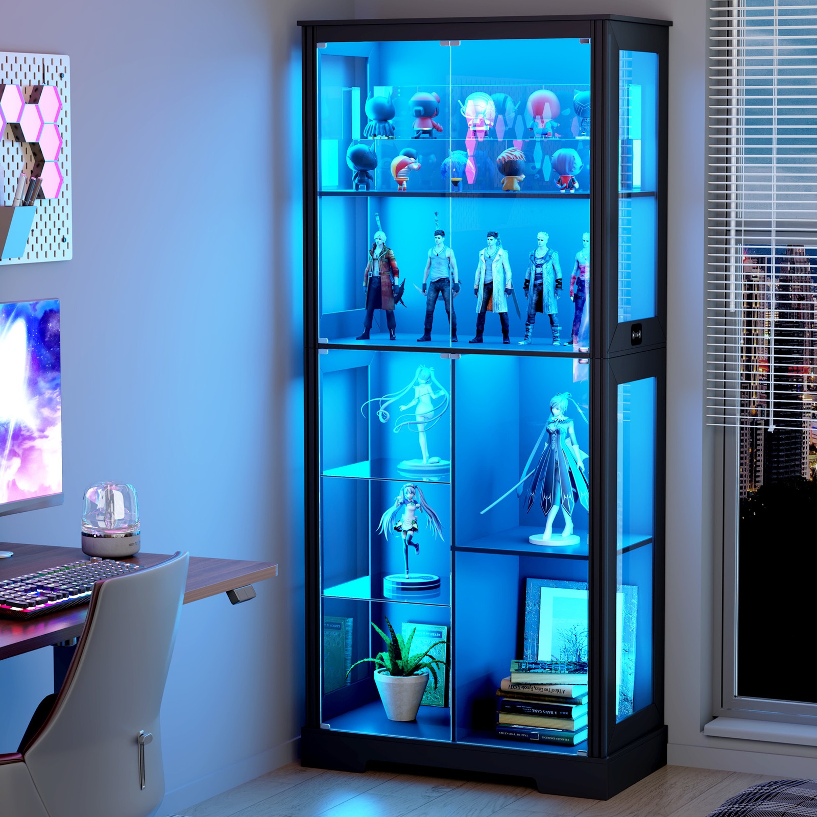 71" Tall Display Cabinet with Glass Doors, Action Figure Cabinet with LED Lights