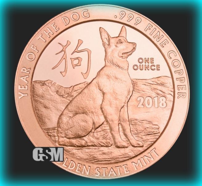 1 AVDP OZ COPPER ROUND: "Year of the Dog" Lunar Zodiac – .999 Fine Pure Copper