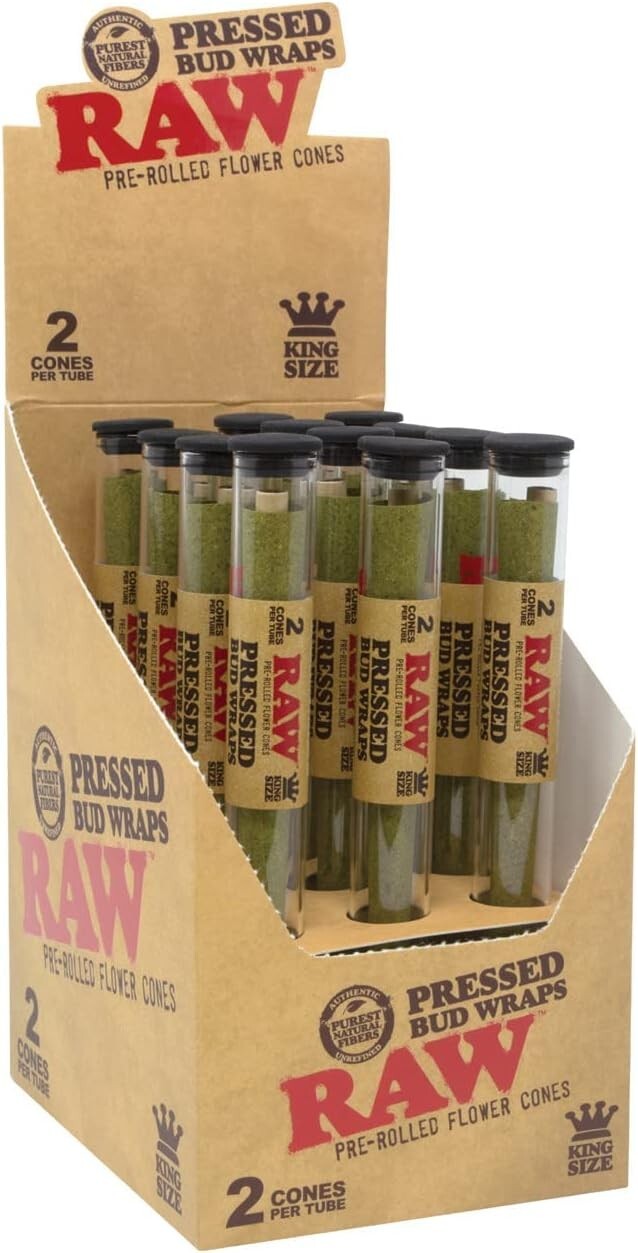 RAW Pressed Bud King Size Pre-Rolled Wraps 12ct (2 Each 24 total) FULL BOX