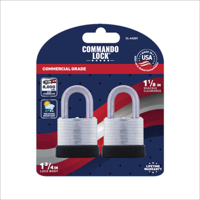 Commando Lock Made In U.S.A Keyed Padlock 1-3/4" Wide x 1-1/8" Shackle 2 Pack