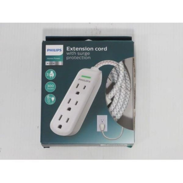 Philips 3-Outlet Surge Protector with 8ft Braided Extension Cord, Gray, White