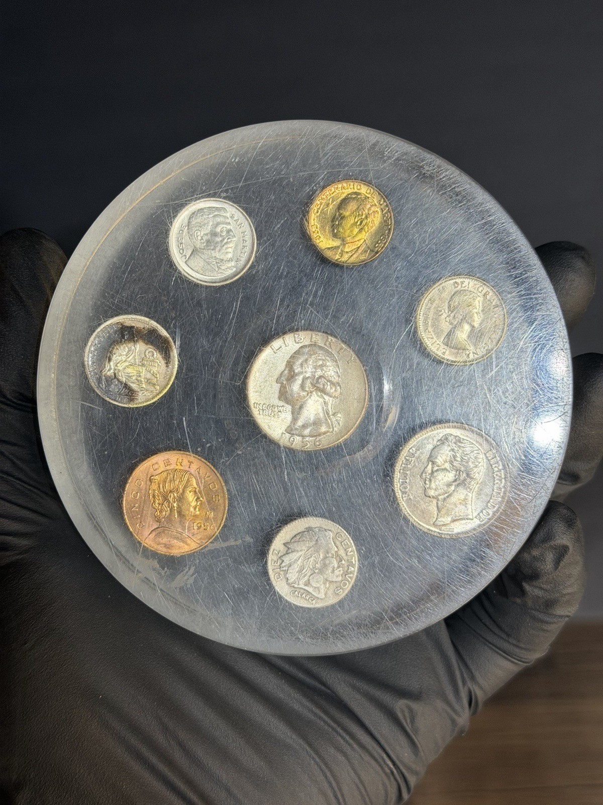 Vintage 1957 Petrochemicals Advertising Acrylic Paperweight With Silver Coins