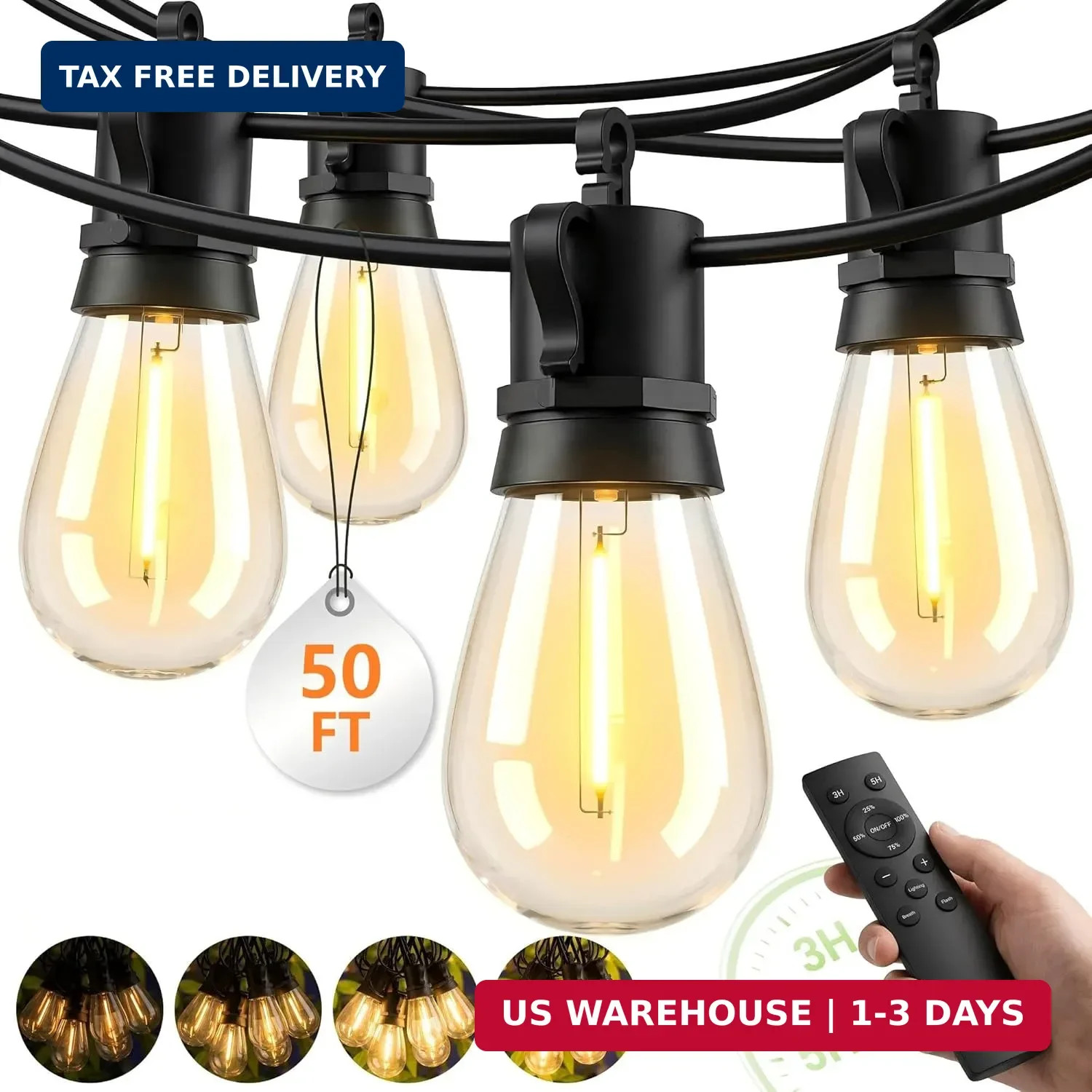 Outdoor String Lights LED Patio-Light - 50Ft Outside Waterproof Dimmable Porch L