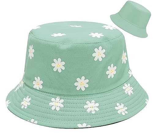 Unisex Bucket Hat Beach Sun Hat Aesthetic Fishing Hat for Men Flower Green