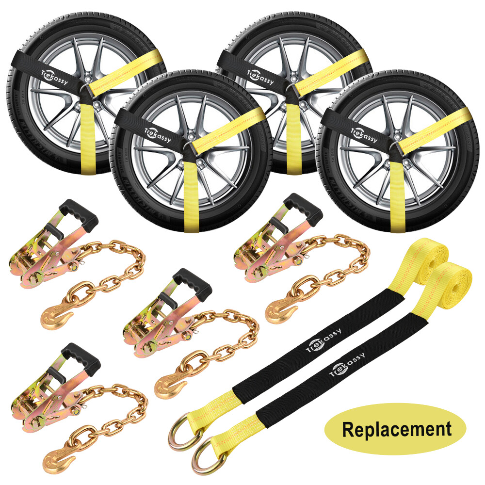 4 Set Ratchet Tie Down with Chain Auto Car Hauler Flatbed Chain Strap Tow Truck