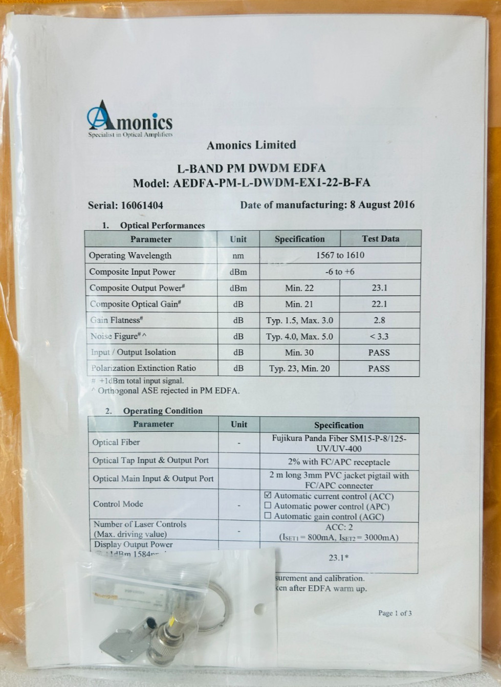 Amonics Ltd. 2016 Model AEDFA-PM-L-DWDM-EX1-22-B-FA L-Band PM DWDM EDFA Manual.