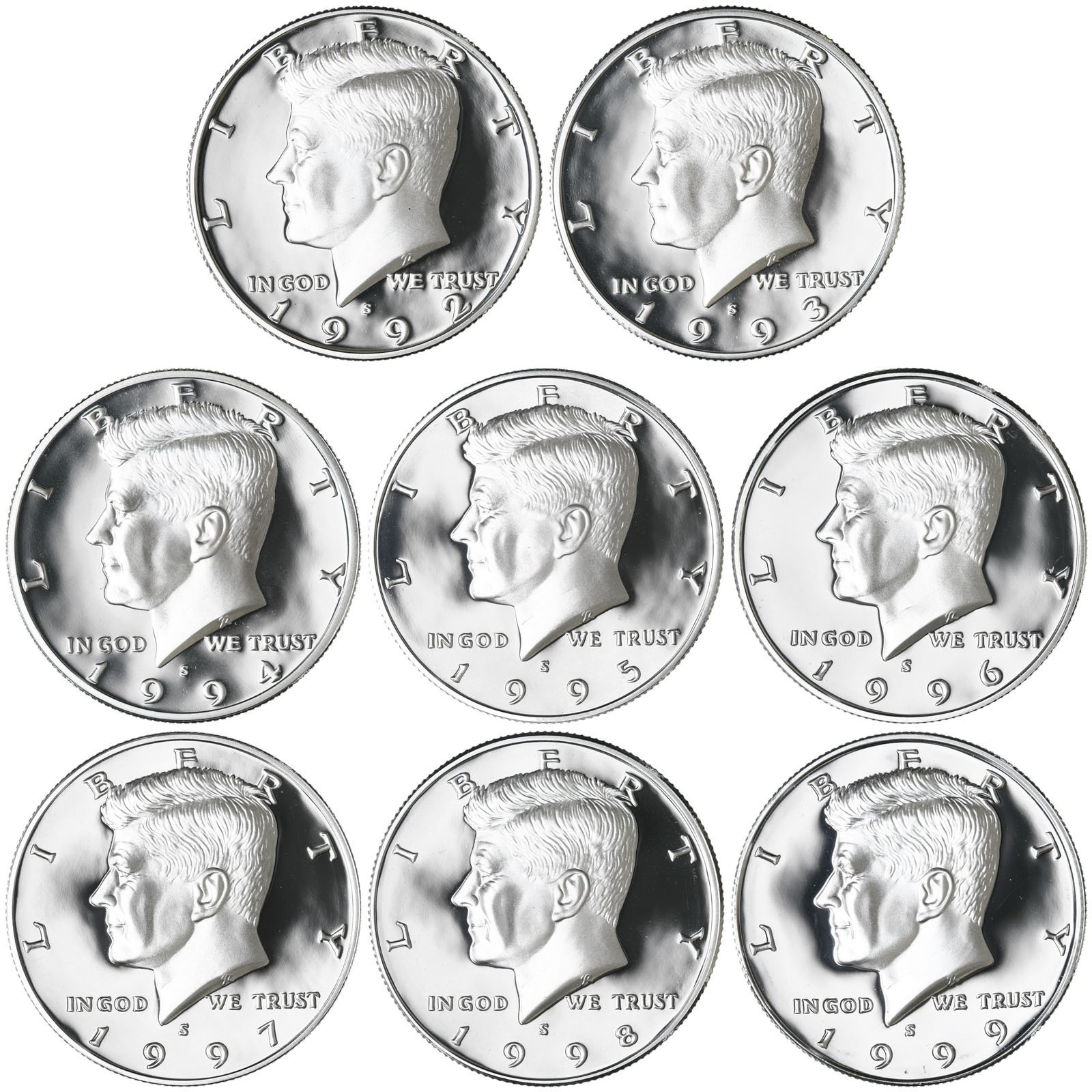 1992-1999 S Kennedy Half Dollar 90% Silver Gem DCam Proof Run 8 Coin Set