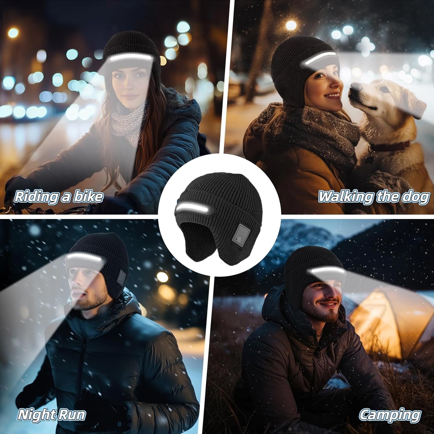 Unisex Beanie with LED Light, USB Rechargeable Headlamp Beanie, Black-01