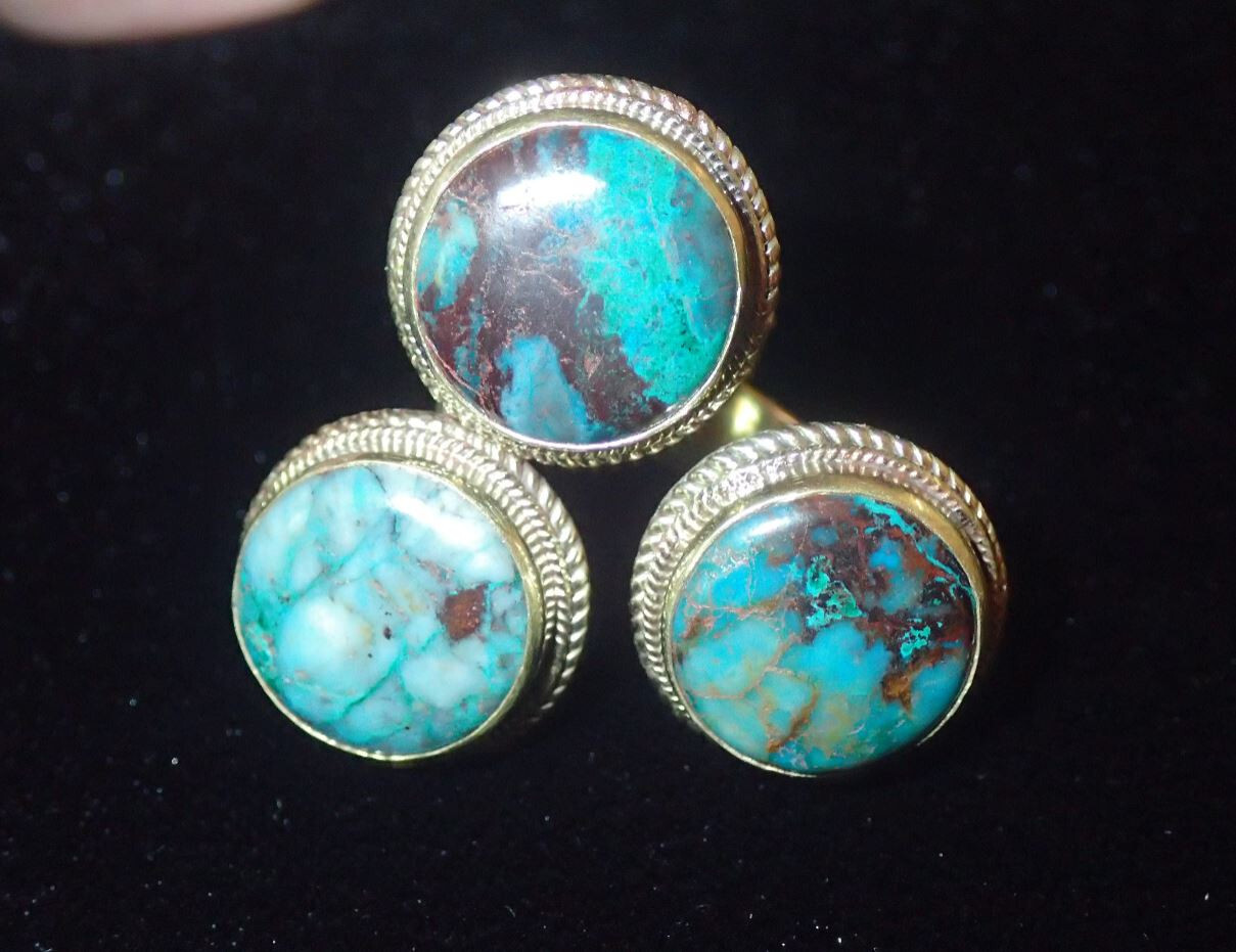 3 Stone Chrysocola in Brass Ring  sz 11