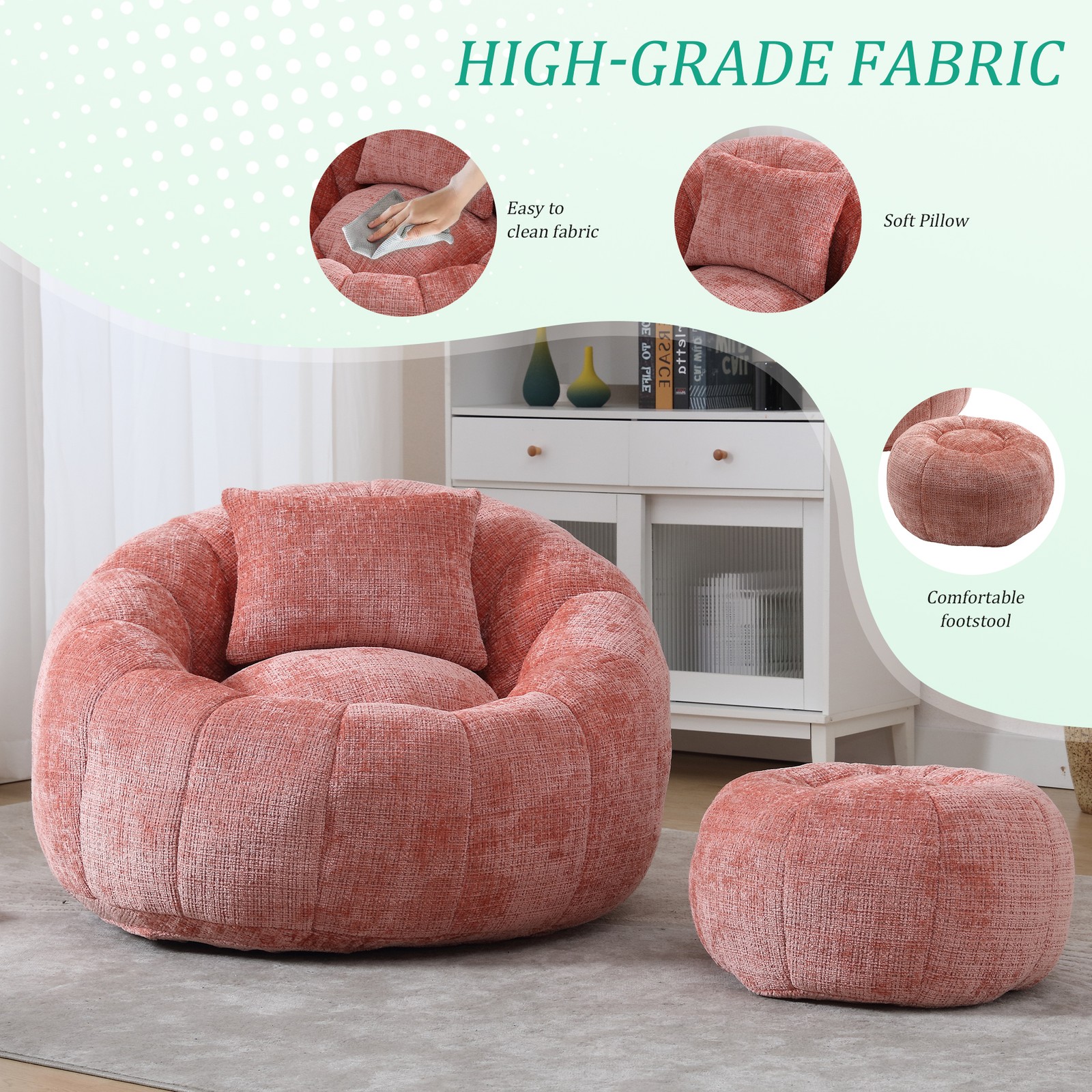 UNITED WE WIN Modern Bean Bag Chairs, Comfy Round Chair for Adults with Ottoma