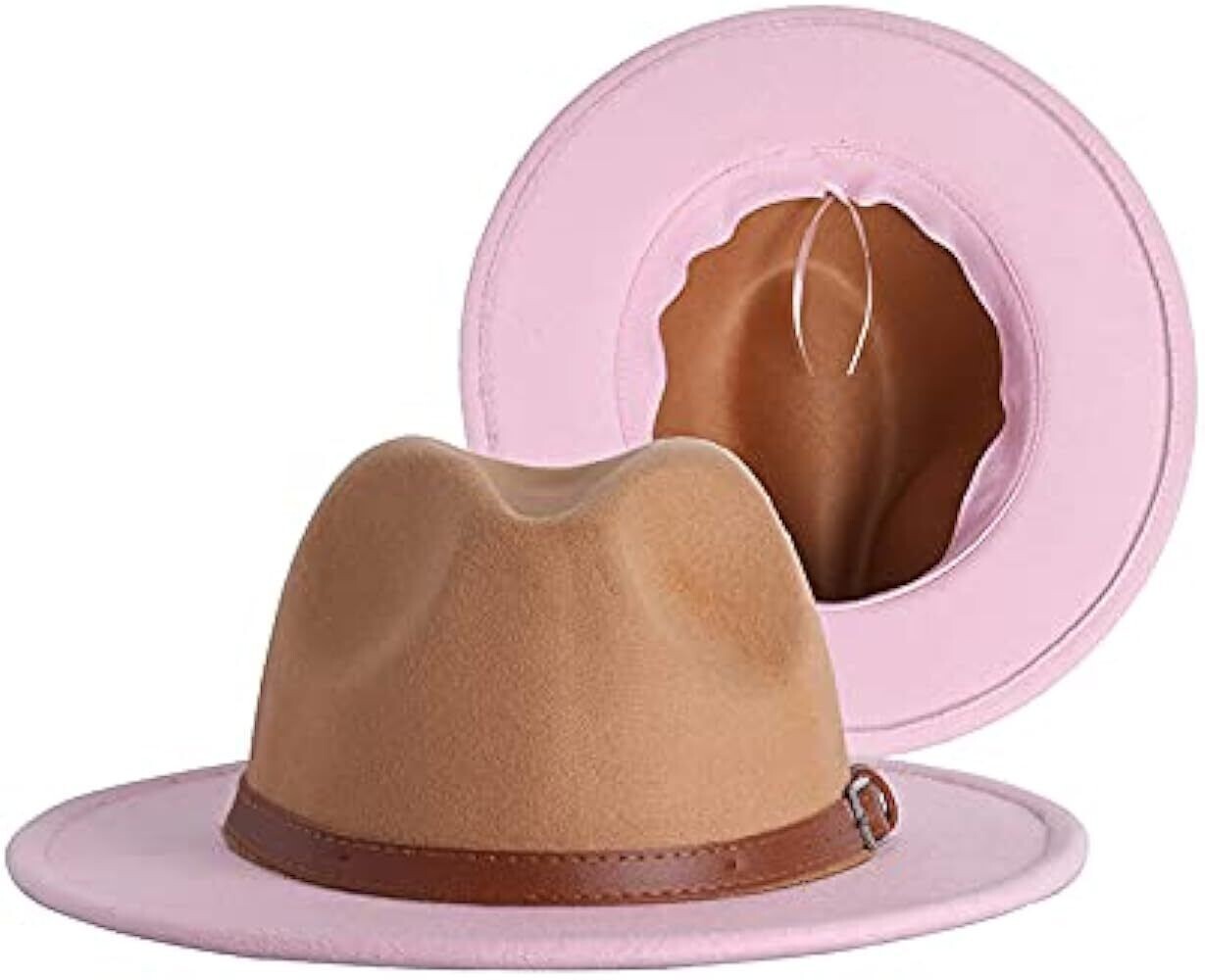 Men Women Two Tone Wide Brim Fedora Felt Panama Hat with Belt Buckle