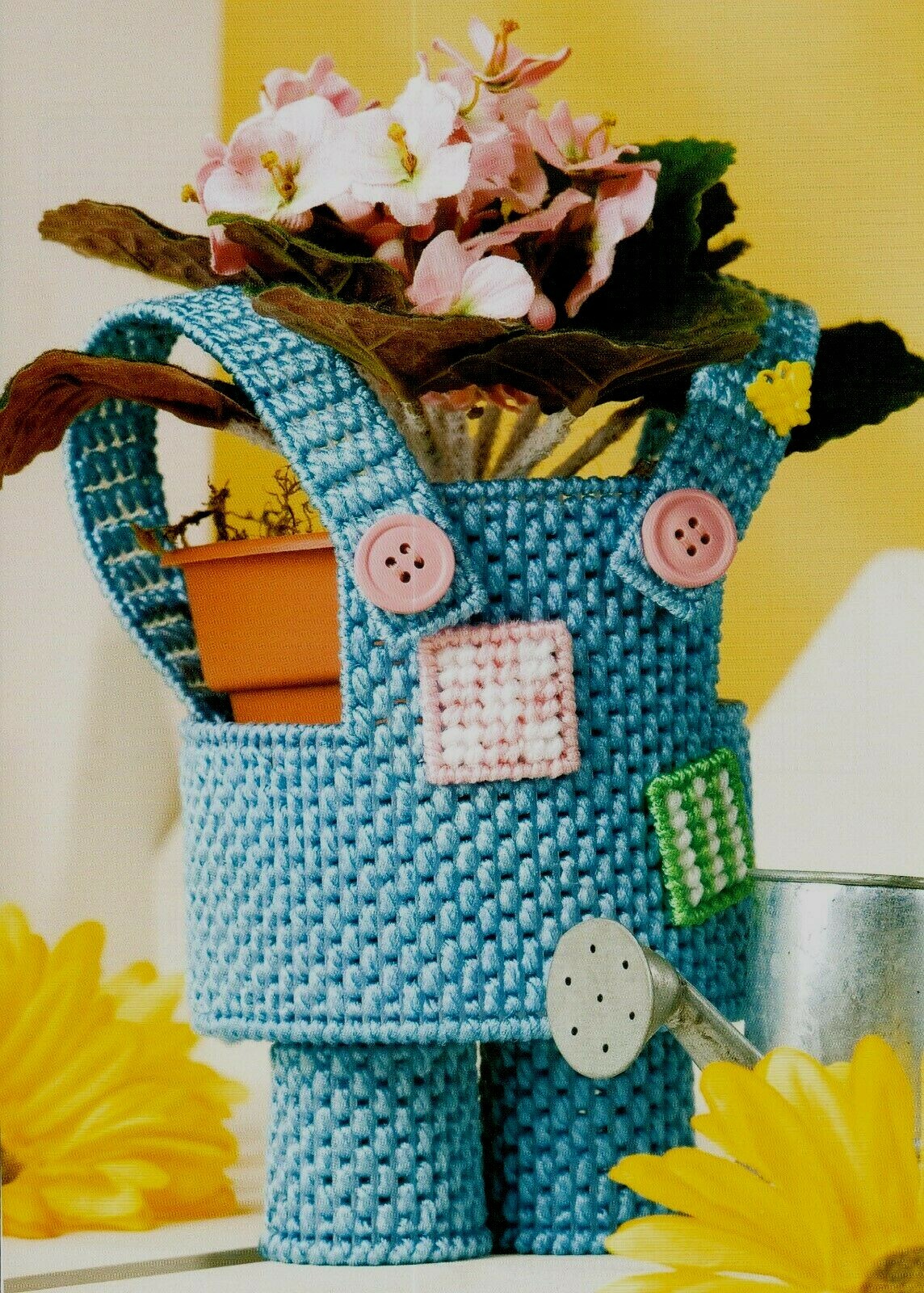 POT OVERALLS HOLDS 4" FLOWER POT HOME DECOR PLASTIC CANVAS PATTERN INSTRUCTIONS