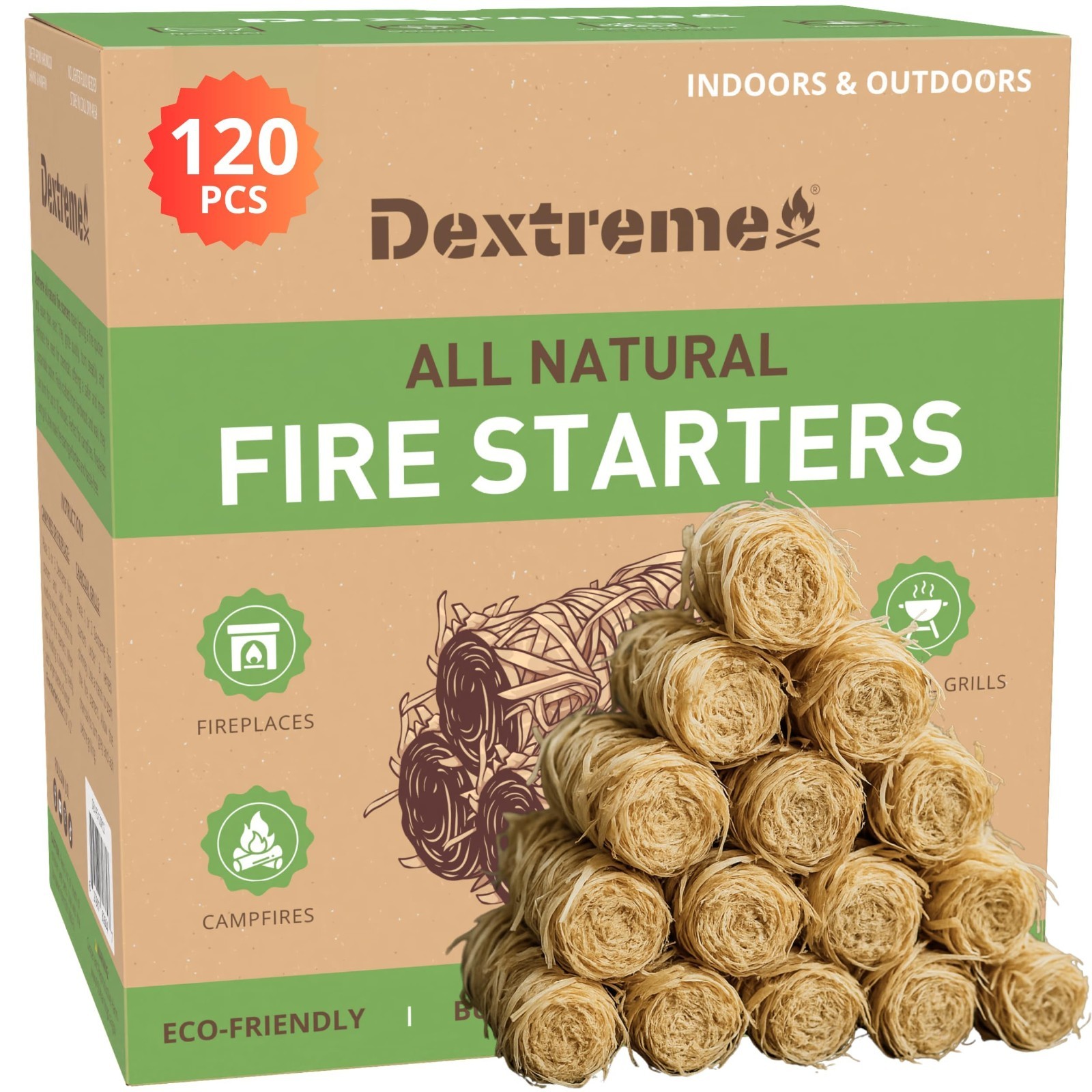 Natural Fire Starters (120 PCS) - Odorless, Non-Toxic, All Weather, 10 Min Burn