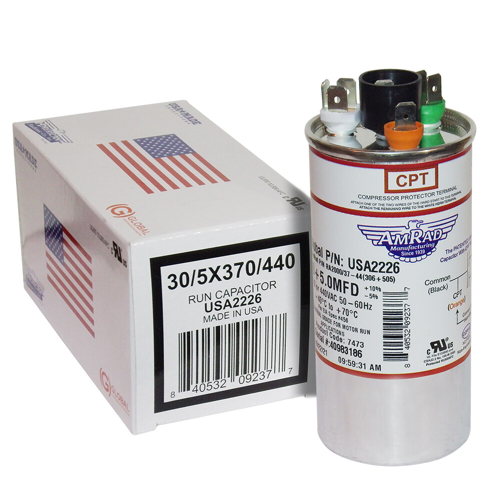 AmRad USA2226 Round Run Capacitor 30+5 uF MFD 370 / 440 Volt Made in USA