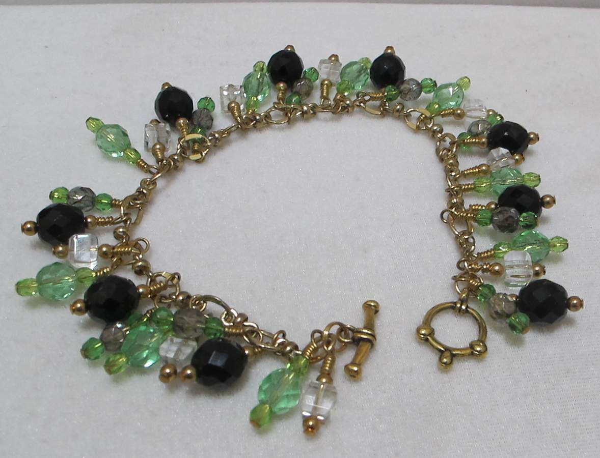 Artisan 9” Gold Tone Charm Bracelet Lt Green, Black, Clear Dangling Crystals