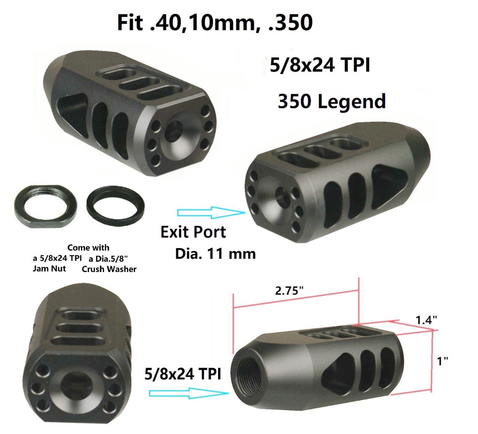 5/8x24 TPI Low Concussion Tanker Muzzle Brake Compensator For .40 10mm .350