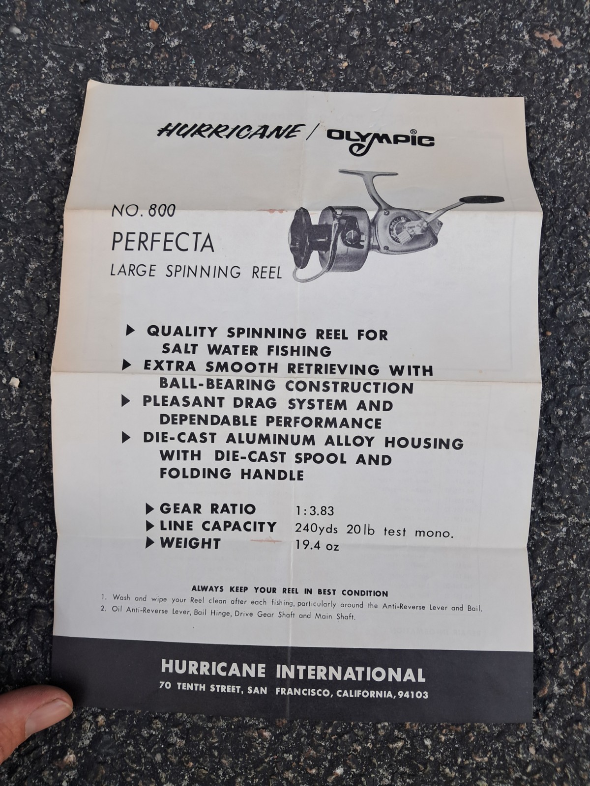 Vintage Hurricane Olympic Perfecta No 800 Reel Manual/Schematic