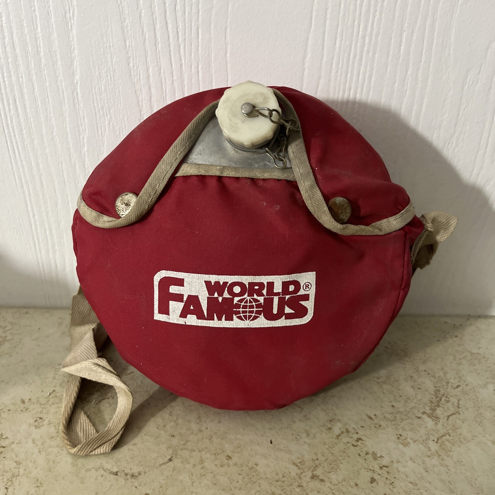 Vintage world famous Aluminum Water Canteen with red Canvas Cover & Straps
