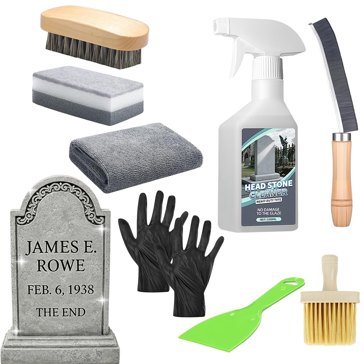 Headstone Cleaner Kit 9 PCS Includes Brush, Gloves, Scraper - Daily Cleaning