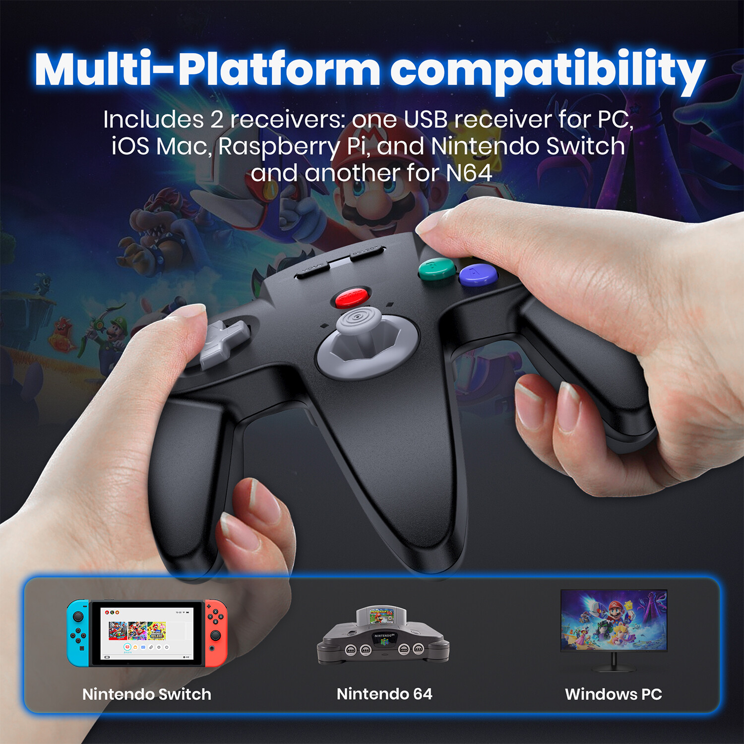 2.4G Wireless Remote N64 Controller for N64/ Switch/ PC/Mac Windows Rechargeable