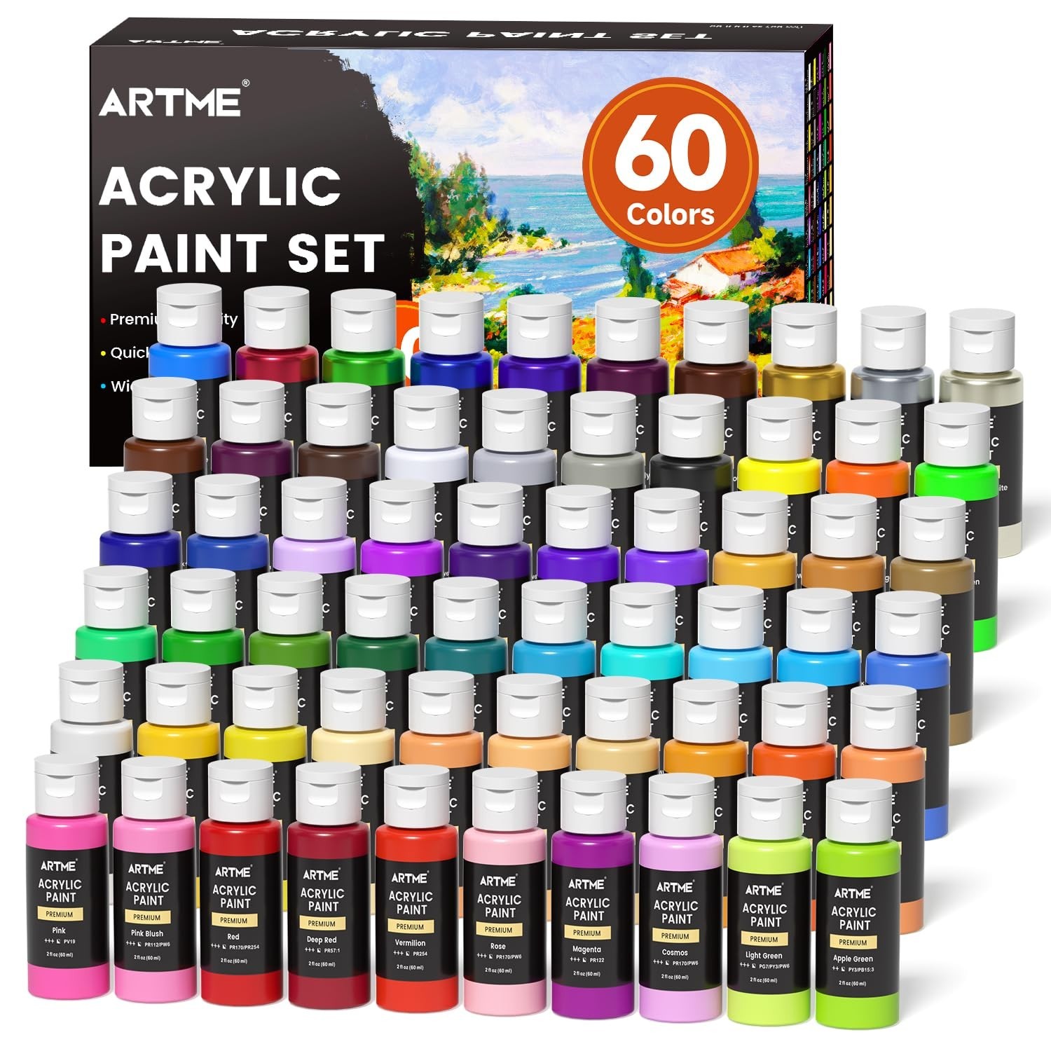 Artme Acrylic Paint Set, 60 Colors in 2oz/60ml Bottles, Non Toxic, Waterproof...