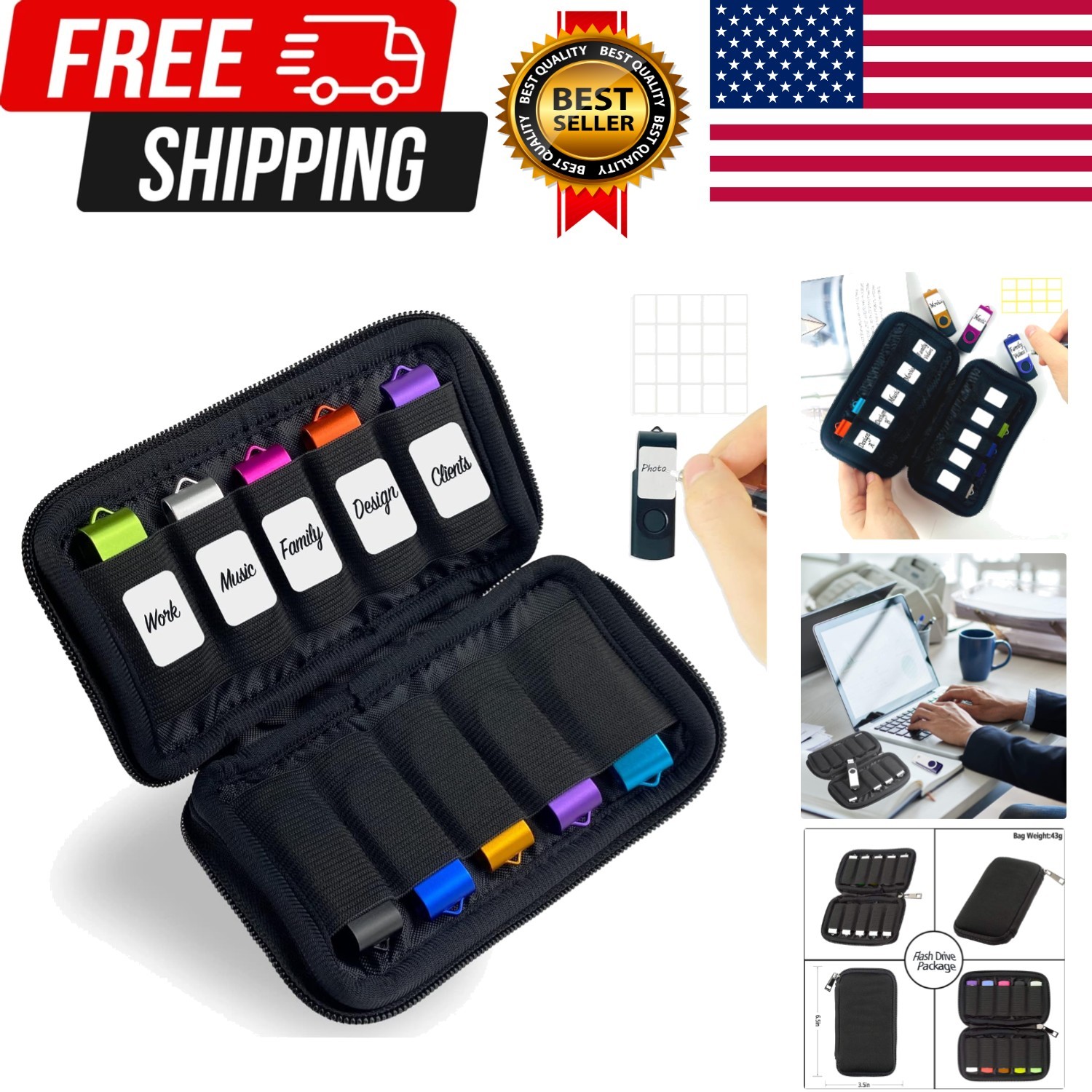 10 Slots Neoprene USB Flash Drive Case with 20 Identification Labels,Anti-Sta...