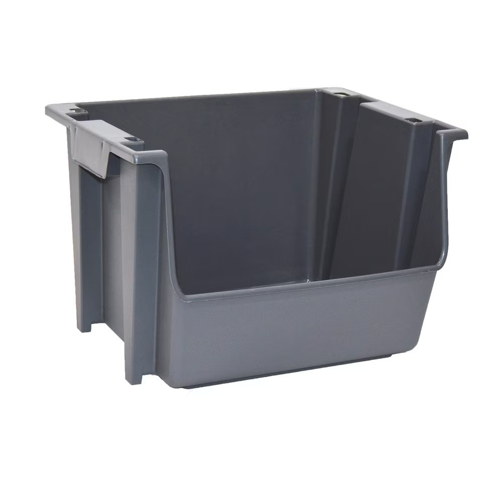 Large Plastic Stackable Storage Bins with Nesting Design in Gray Color