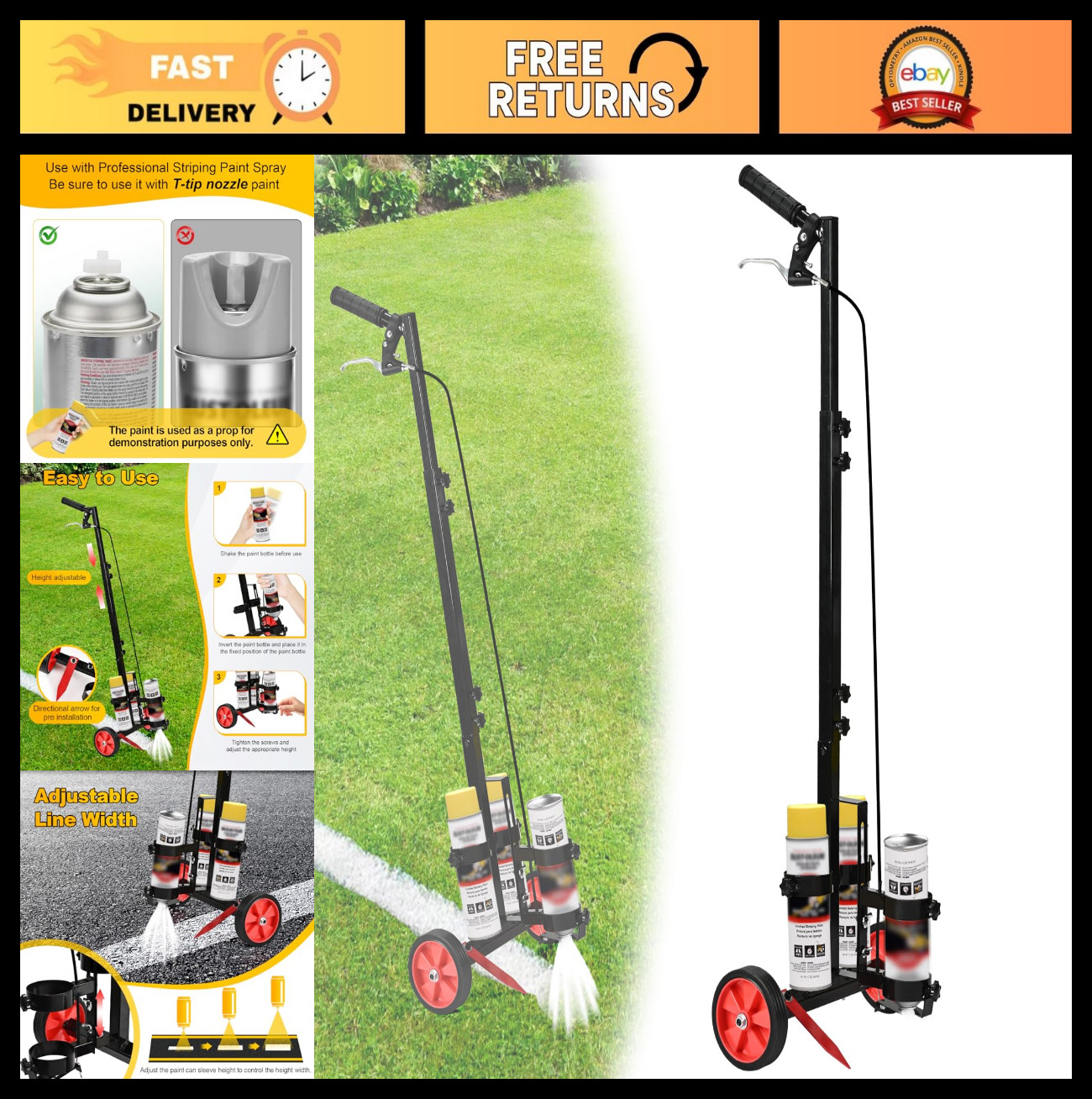 Parking Lot Striping Machine - Line Painting Wand, Adjustable Height, 2-Wheel T-