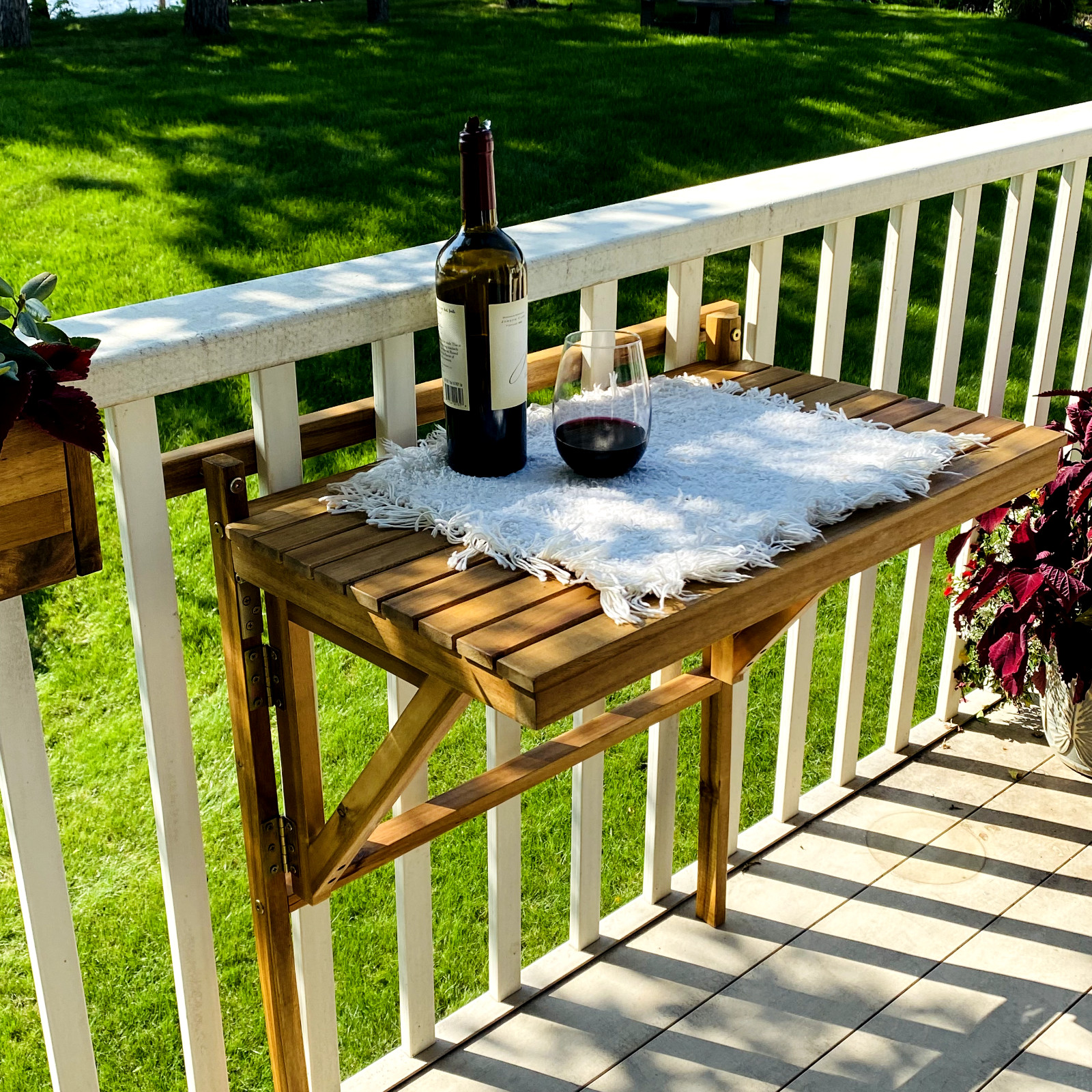 Patio Wise Outdoor Folding Acacia Wood Balcony Railing Table, Foldable Deck Bar