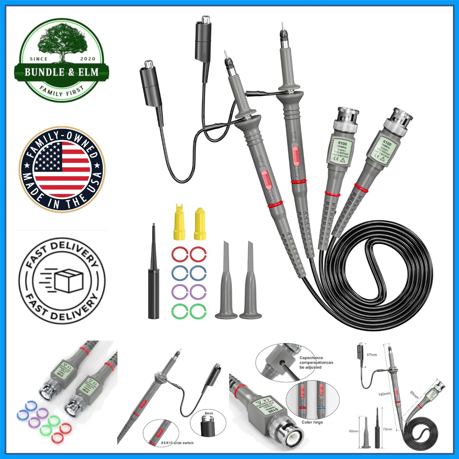 Oscilloscope Probes with Adjustable Settings and Protection Accessories Included