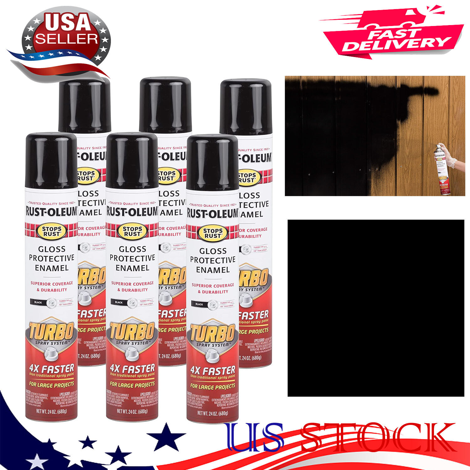 6 Pack RustOleum Stops Rust Turbo Spray Paint, 4X Faster, 24 oz, Gloss Black NEW