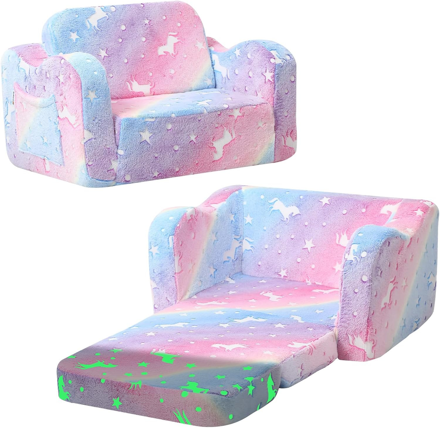 Glowing Rainbow Unicorn Kids Chair - Convertible 2-In-1 Fold-Out Kids Couch for