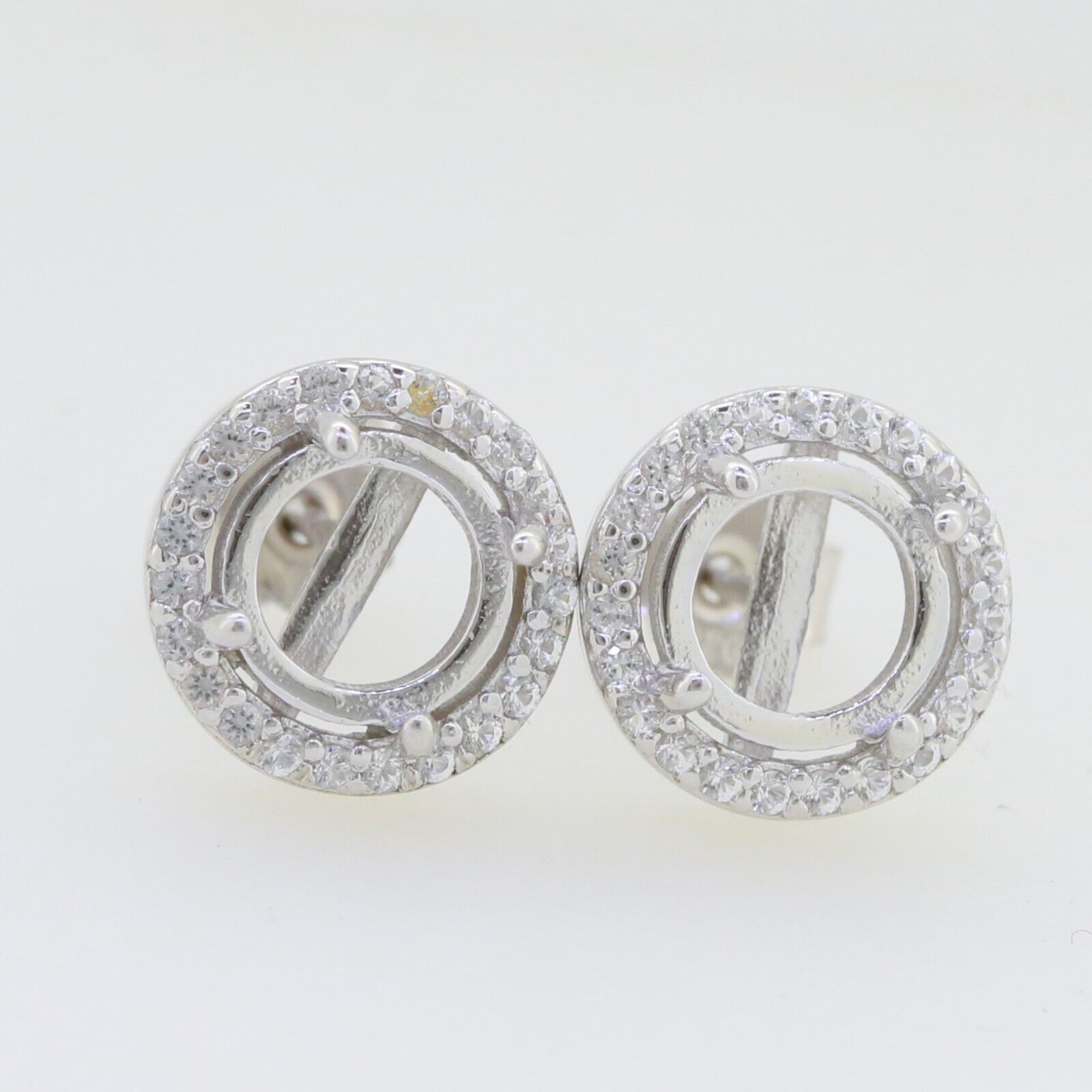 Sterling Silver Semi Mount Earrings Setting Round RD 6x6mm Halo Stud Topaz Cab