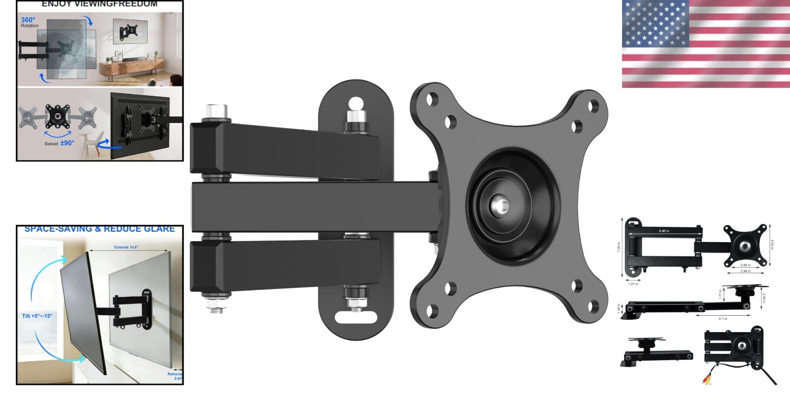 Versatile TV Wall Mount for 14-24 Inch TVs - Secure 360° Rotation & Stability