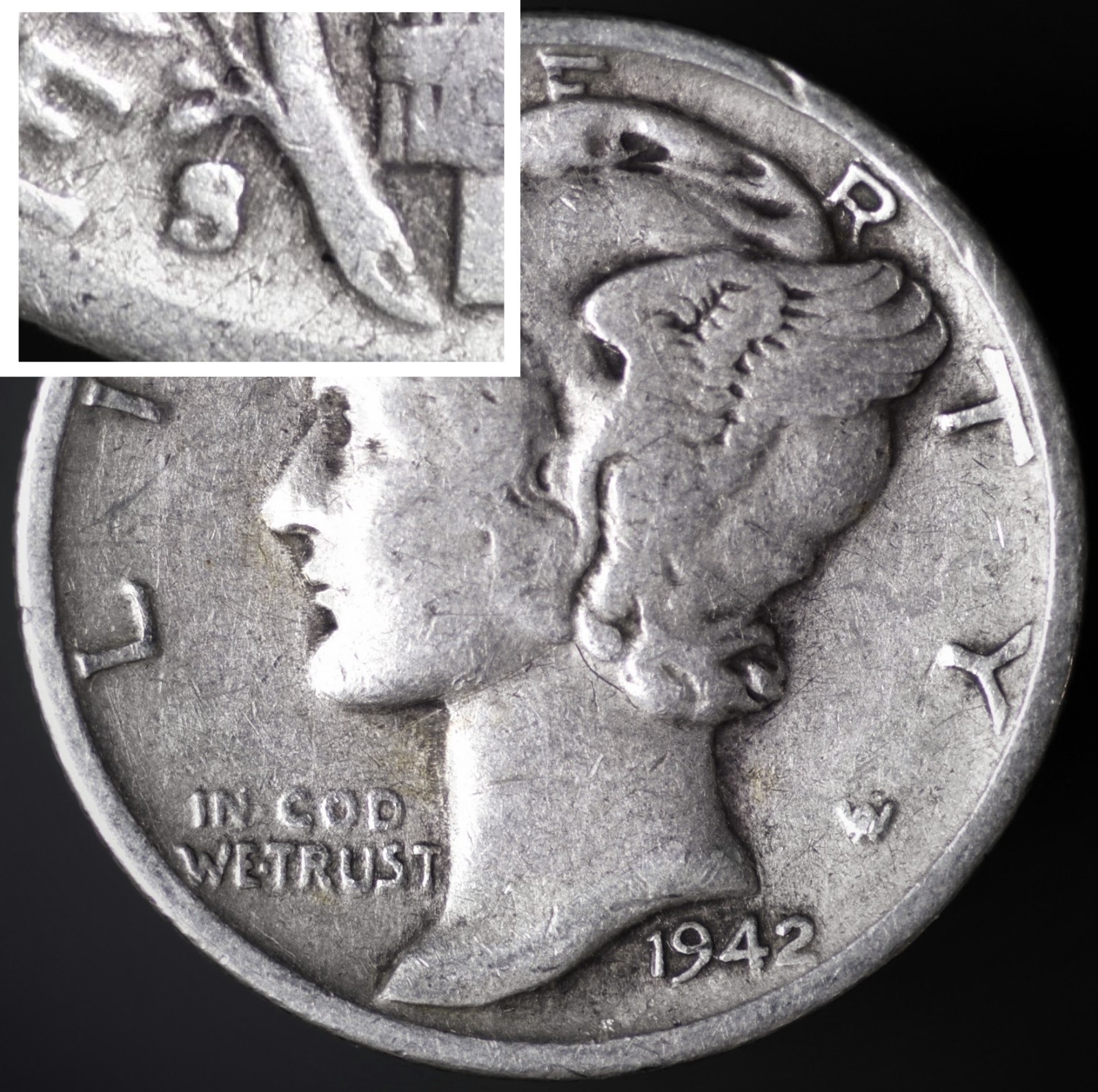 1942-S 10C Mercury Dime RARE Inverted Mintmark FS-501 F 90% Silver (#8166)