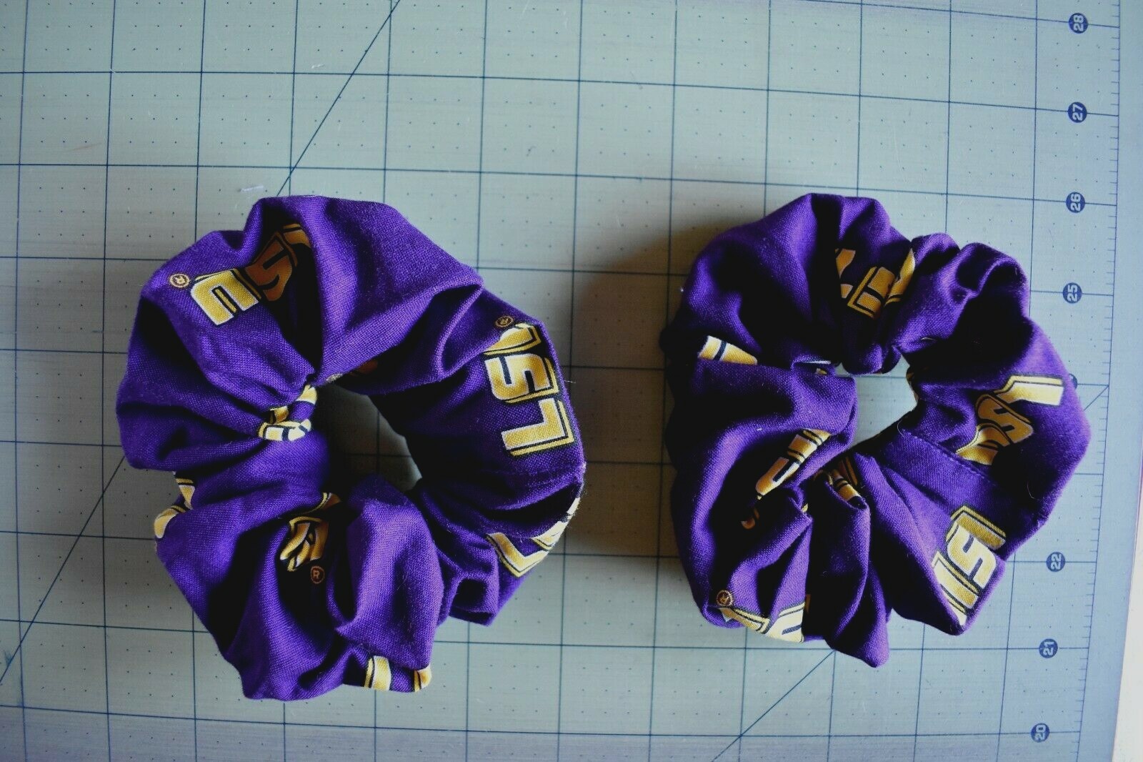 LOUISIANA STATE UNIV  100% COTTON HAIR SCRUNCHIES ONE SIZE 5 INCHES HANDMADE X2