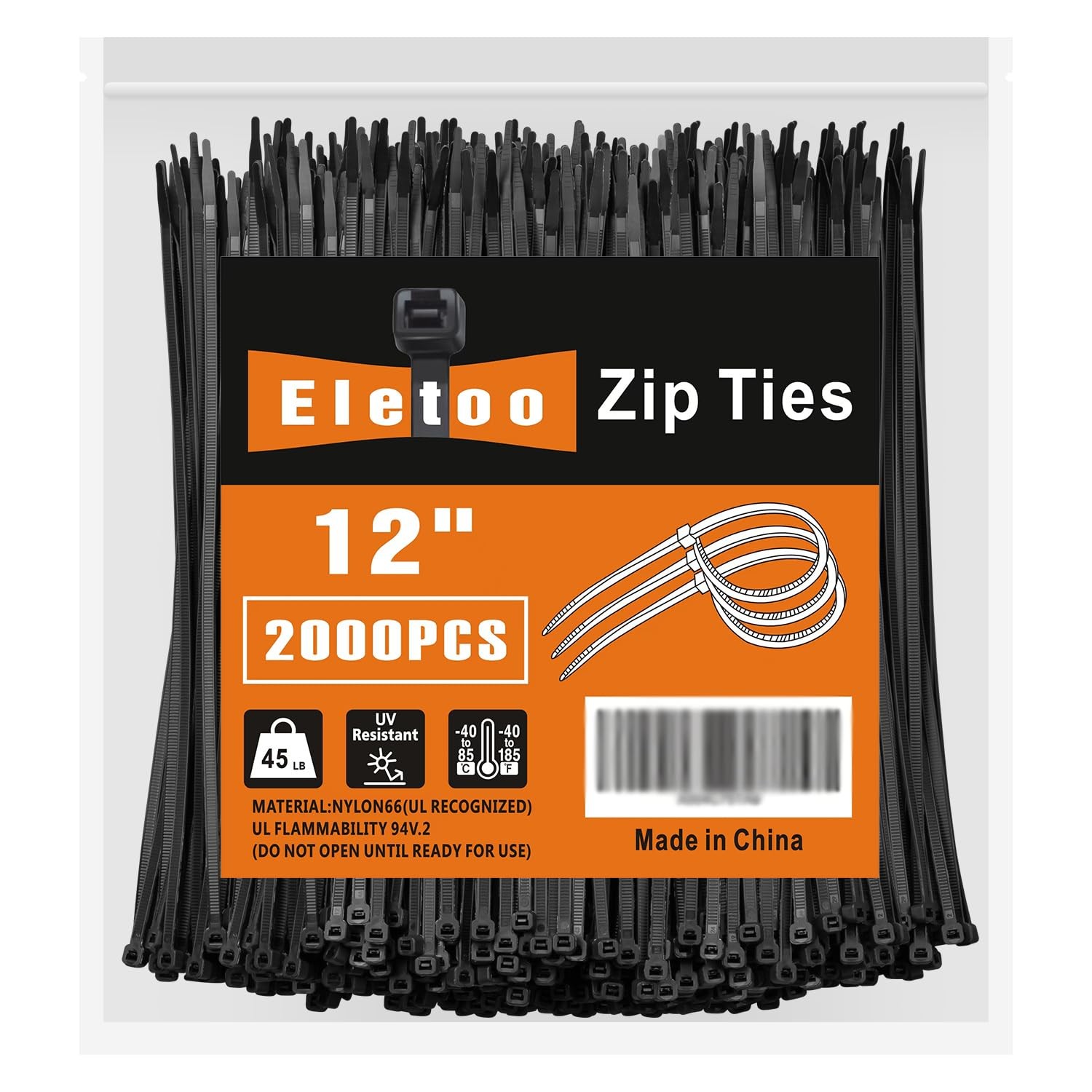 Eletoo 12 Inch Black Zip Ties (2000 Pack), 45 LBS Tensile 12"(2000PCS）,