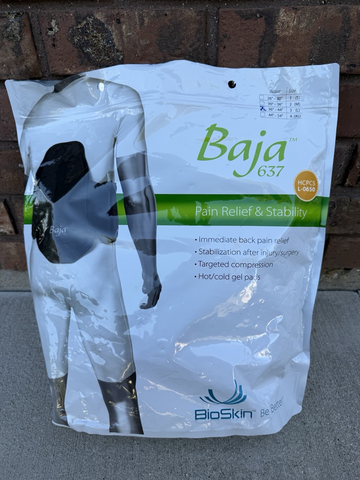 Bio-skin Baja 637 Back Brace. MEDICAL GRADE! Waist size 36-44 (SIZE 3) Open Bag