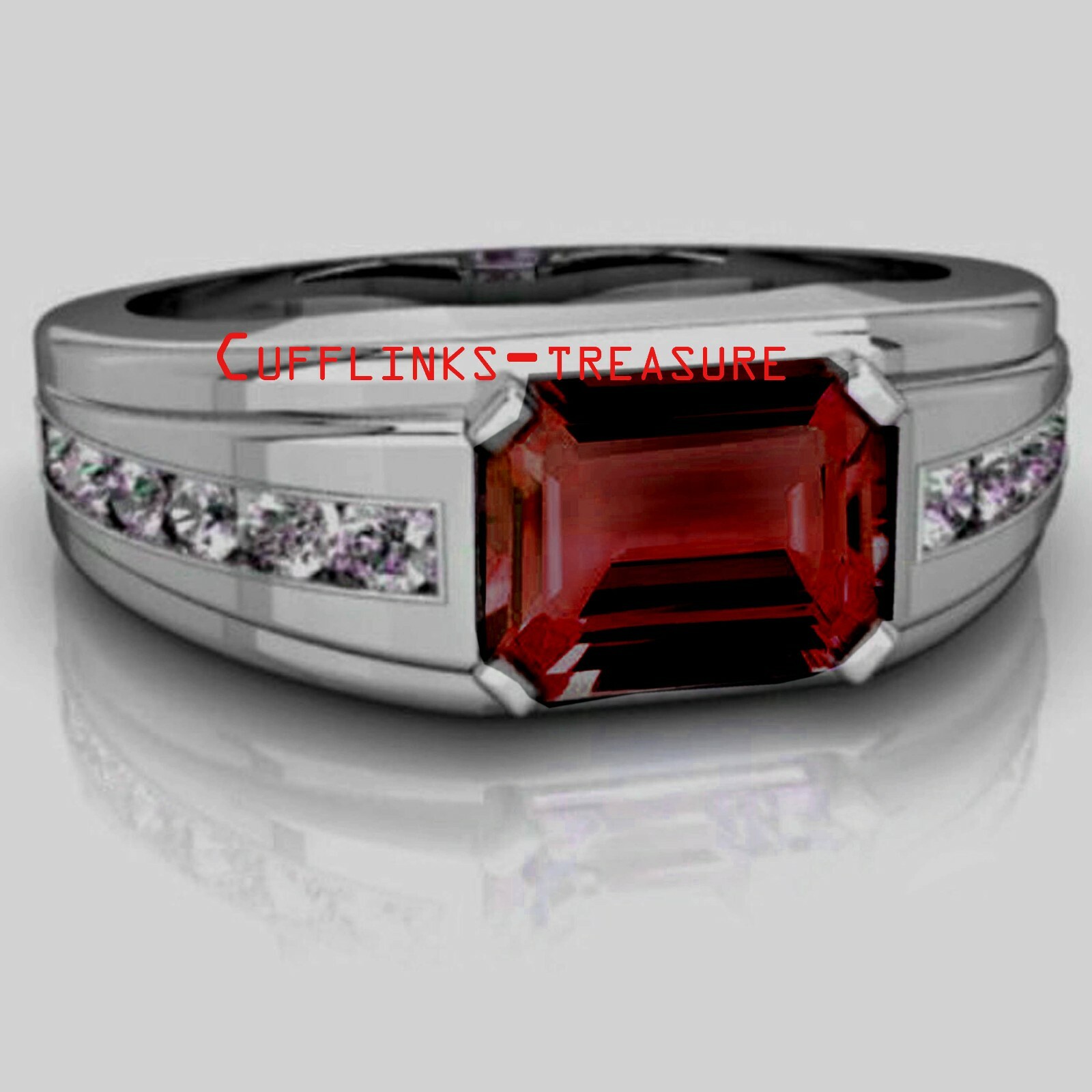 Natural Garnet & CZ Gemstones with 925 Sterling Silver Ring For Men's