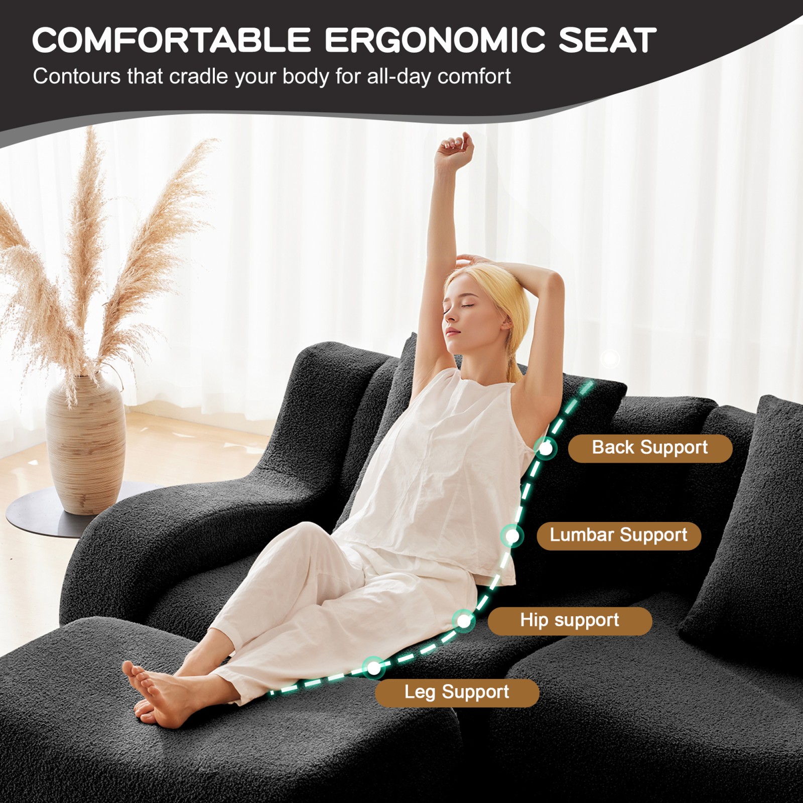 Teddy Fabric Modular Sectional Sofa, 2 Seat, Black, No Assembly