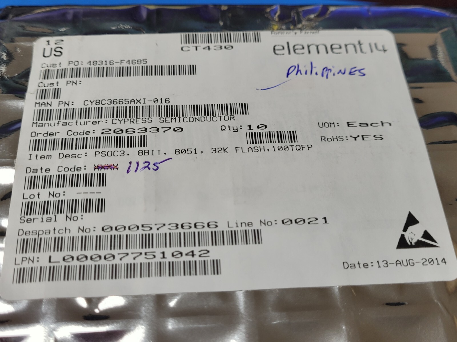 (1 PC) CY8C3665AXI-016 CYPRESS IC MCU 8BIT 32KB FLASH 100TQFP ROHS