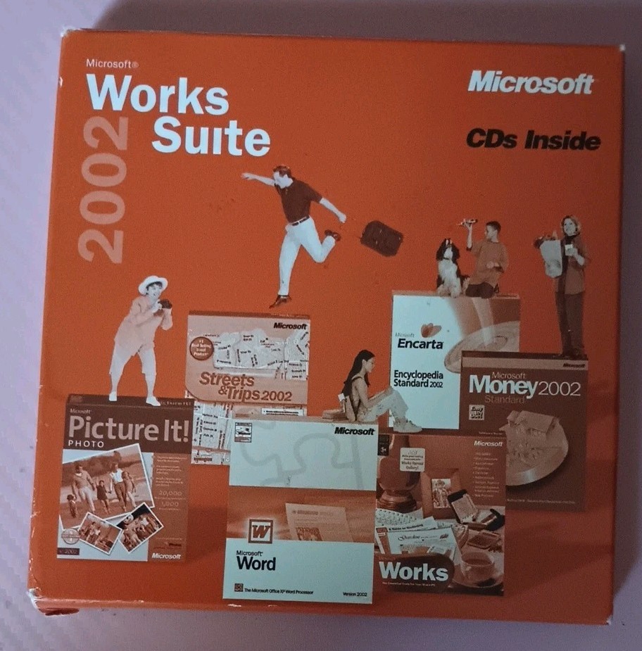 MS Works Suite 2002 PC 5 CD-ROMs Word Money Picture It! Works Streets & Trips En