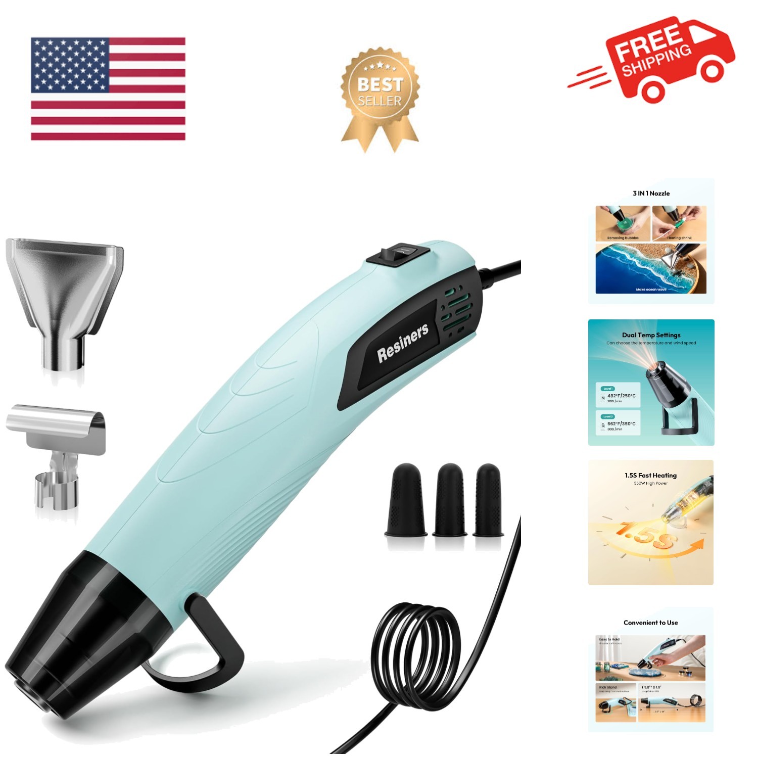 Heat Gun for Resin, 350W Fast Heating Dual Temp Heat Gun 482°F~662°F with 3 N...