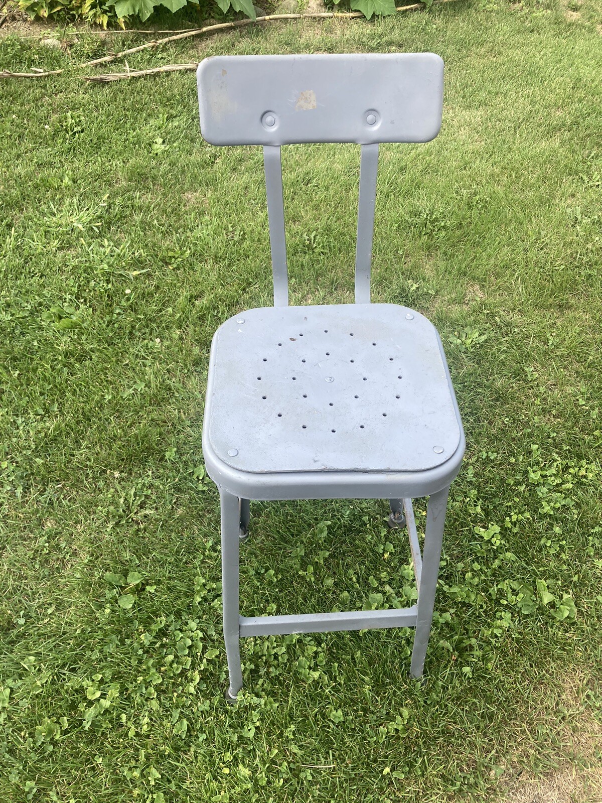 Vintage Gray LYON Industrial Metal High Back Stool Chair steampunk w/back rest