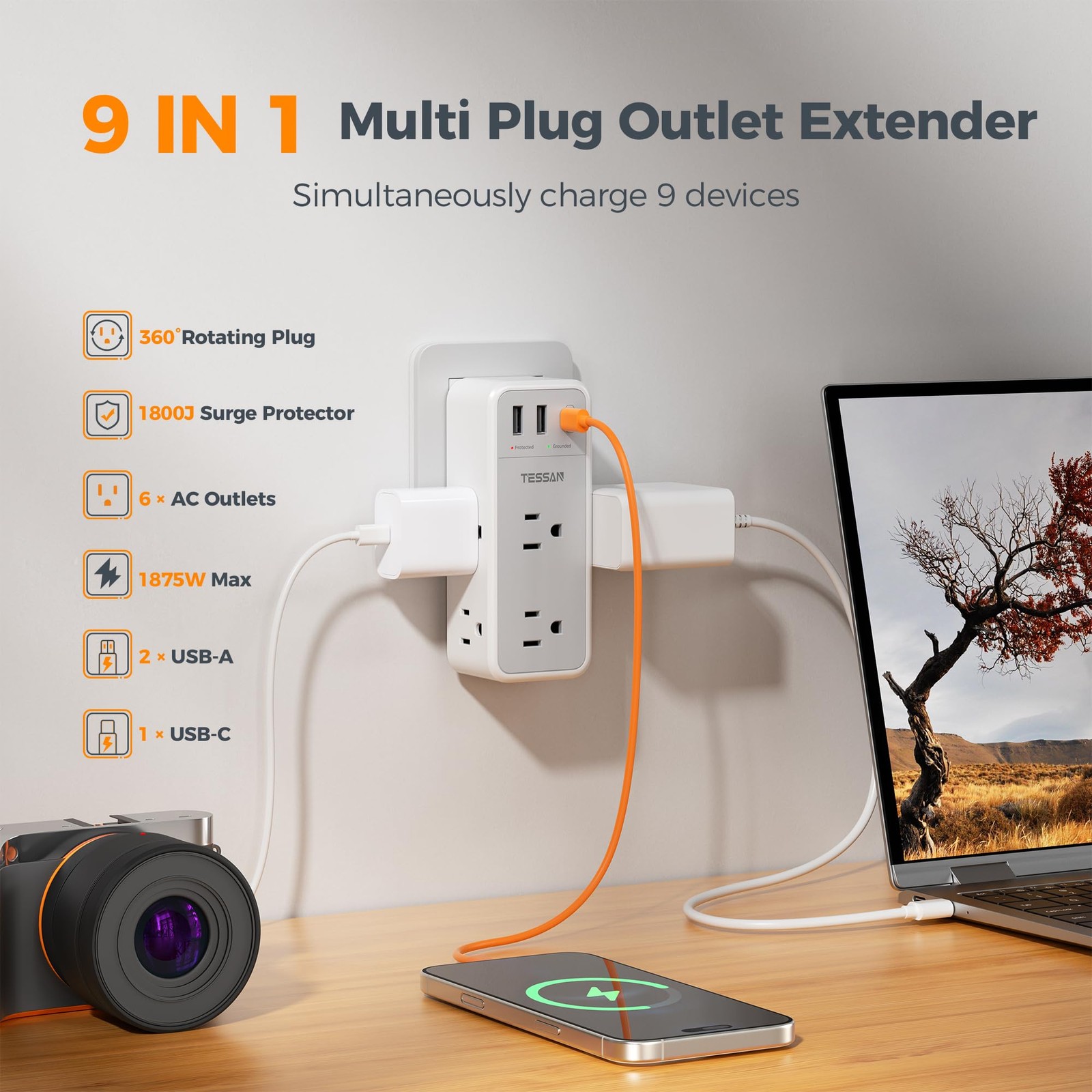 Multi Plug Wall Outlet Splitter with 360 Rotating 6 Outlets (USB-C), Grey